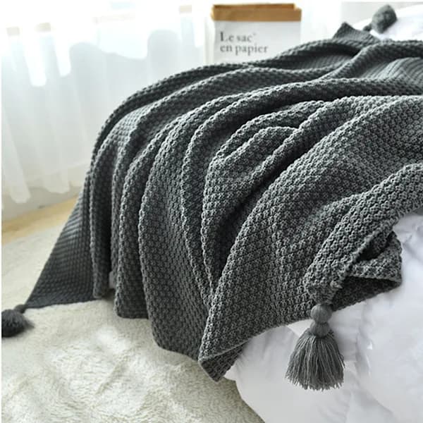 Myk strikket ullteppe med dusker, Boho-teppe, koseteppe, sofateppe, pledd for sofa seng stol, mørkrosa 130 x 200 cm 70*100cm