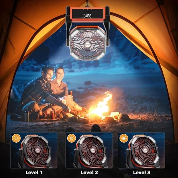 Campingventilator med LED-lys, Bærbar Ventilator 20000mAh Batteri, 4 Hastigheder til Udendørs & Telt