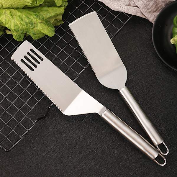 Sett med 2 Multifunksjonelle Spatler i Rustfritt Stål for Kjøkkenbruk, Rektangulært Hode, Hengeløkke, Pai Cutter, Lasagne Cutter, Kake Servering