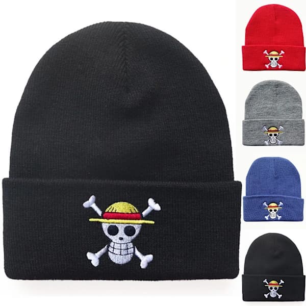 Anime One Piece Broderad Ribbstickad Mössa Vinter Stickad Skull Cap röd för Barn röd