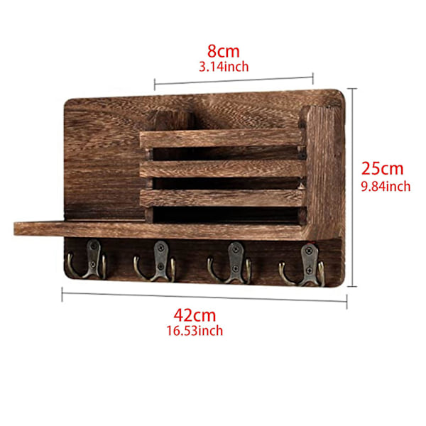 Inngangsparti Mail Envelope Organizer med 4 nøkkelkroker, Rustikk tre Mail Holder Hylle med nøkkelkroker Fo