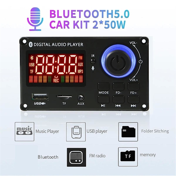 50W förstärkare Diy Mp3 avkodningskort Bluetooth 5.0 Dc 8-24v Bil Mp3-spelare Usb Fm Aux Samtalsinspelning