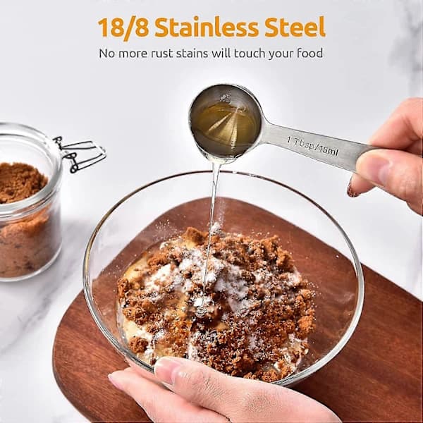 HA~9 Måleskeer: 18/8 Måleskeer i Rustfrit Stål (1/16 Tsk, 1/8 Tsk, 1/4 Tsk, 1/3 Tsk, 1/2 Tsk, 3/4 Tsk, 1 Tsk, 1/2 Spsk & 1 Spsk) Til