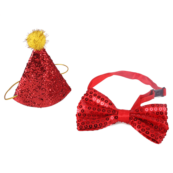 /HA/ Söta födelsedagshattar för katt och hund med rosett, elastisk blingbling partyhatt kostym huvudbonad (röd)