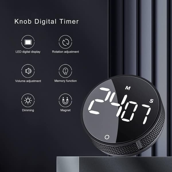 Magnetisk Digital Kökstimer - Stor LED-display, Nedräkning - För Matlagning/Bakning/Klassrum (Svart)