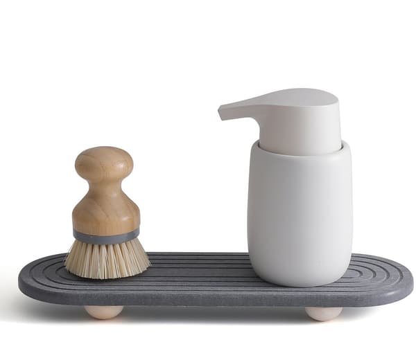 Diatomit Vask Organizer Bakke, Absorberende Hurtigtørrende Rillet Måtte Med Træfødder Til Badeværelse Og Køkken, Mørkegrå, 30 X 10 Cm