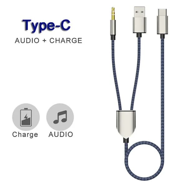2-i-1 Typ-C Bilstereokabel 1 Delad 2 Typ C till USB A 3.5mm Aux-kabel Blå