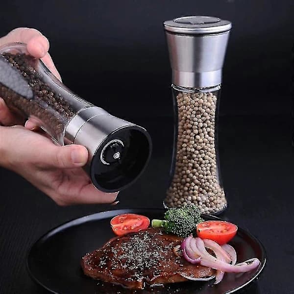 Krydderikværn i rustfrit stål, køkkenredskab, glas krydderiflaske, 2 stk