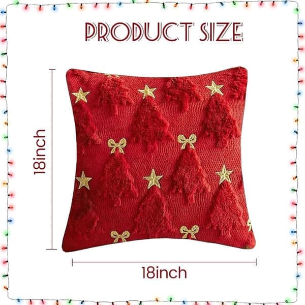 2-pack Juliga Kuddfodral 45×45 cm – Röd Med 3D Broderad Gran, Stjärnor & Rosetter – Vintermys för Soffa & Sovrum – Dolda Dragkedjor