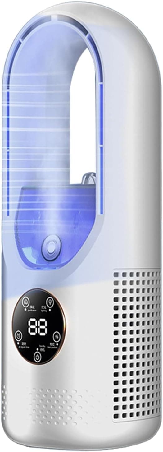 Bladløs Bordventilator med Luftfugter – USB Ventilator med Vandkøling, 6 Hastigheder, Soveværelsesventilator med Timer og LED-lys