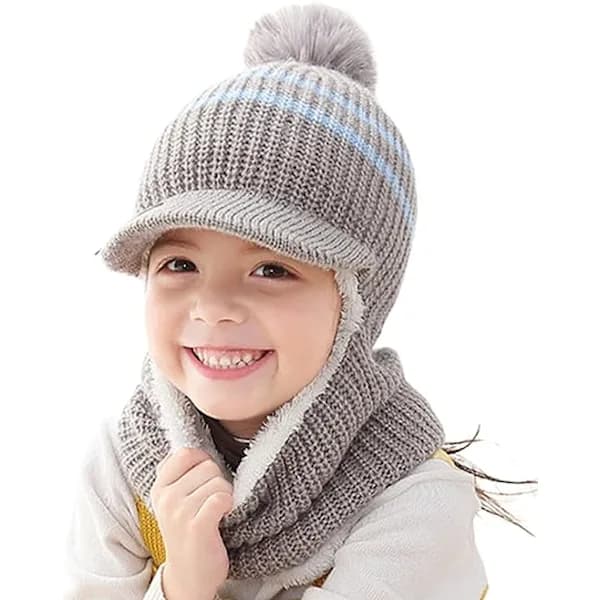 Vintervarm strikket fleece lue for barn med skjermhette E