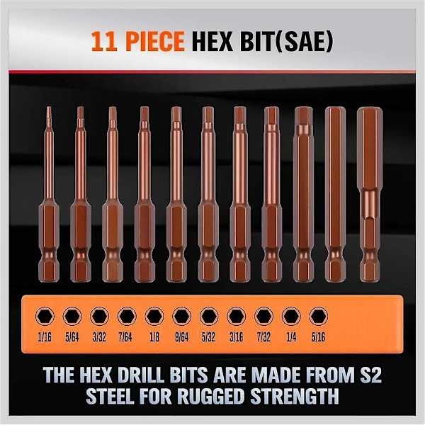 23-delt Hex Bit Set - Hexnøkkel Borsett - metrisk og Sae S2 Stål 1/4 tommers Hex - 2,3 tommer lang