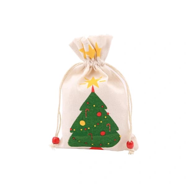 HA-Jutesäckar för julklappar, 5-pack med julmotiv, träpärlor