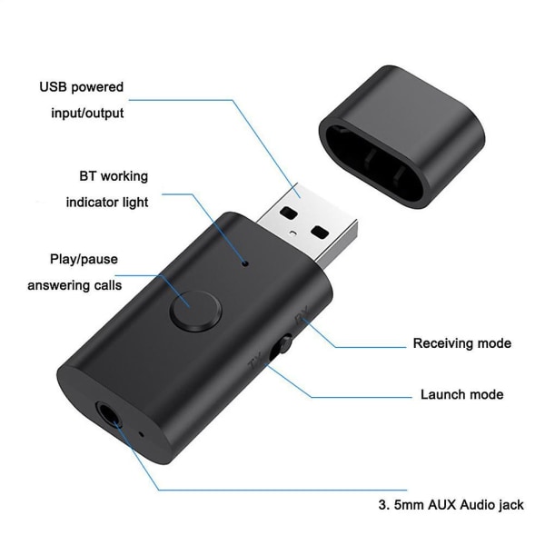 4 i 1 USB Bluetooth-mottaker 5.3 Bluetooth-lydadapter PC-sender koblet til eksternt lydkort Aux Bluetooth-adapter