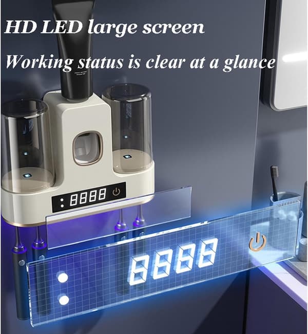 Tandbørsteholder med UV-sterilisator og tørrefunktion, HD LED-display, tandpastadispenser, USB, 4 pladser til badeværelset, grå