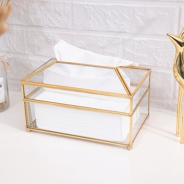 Praktisk guldglas spegel vävnadslåda utsökt glas smink vävnadsförvaringslåda elegant present till B