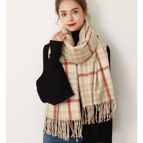 Dametørklæder Vinter Lang Blød Varm Tartan Check Wraps Uld Spinding Kvast Sjal Stjalet Tørklæde Damer,Beige