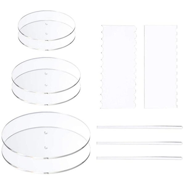 Acrylic Round Cake Disk Set - Cake Discs Circle Base Boards With Center Hole - 2 Comb Scrapers (4 P