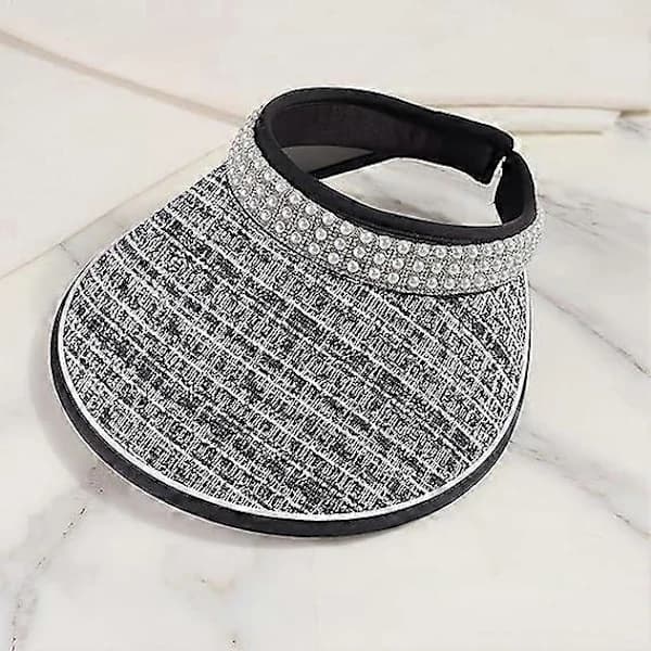 HA~Strandhatte til kvinder Bredskygget solhat til kvinder Solhatte til kvinder med UV-beskyttelse Elegant tofarvet patchwork sommerhat Sort