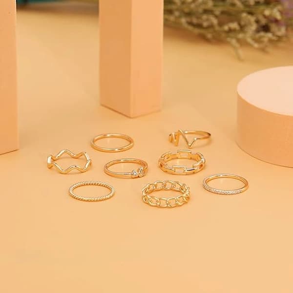 8 Dele 14K Guldbelagte Dame Stabelbare Ringe Guld Sølv Stabel