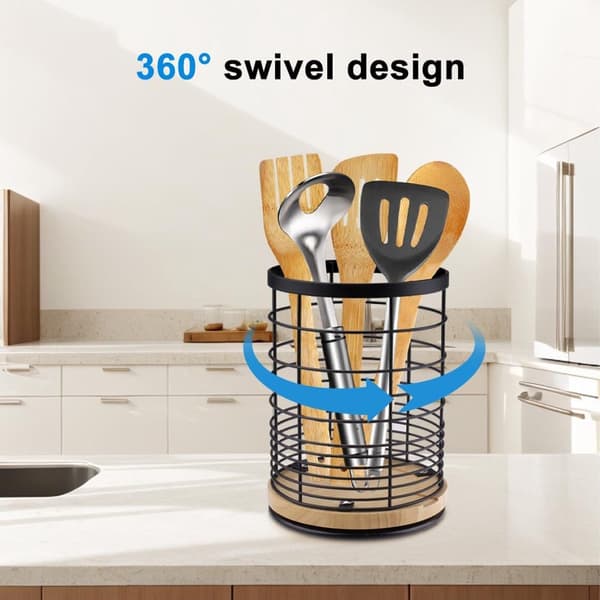 Køkkenredskabsholder, 360° roterende rustfrit stål med dræn og bambusbase til bordplader, sort, 13,5 x 13,5 x 18,6 cm
