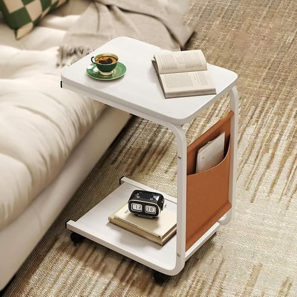 Rullbart sidobord & soffbord – C-format kaffebord i trä med förvaring & 360° hjul för soffa/säng