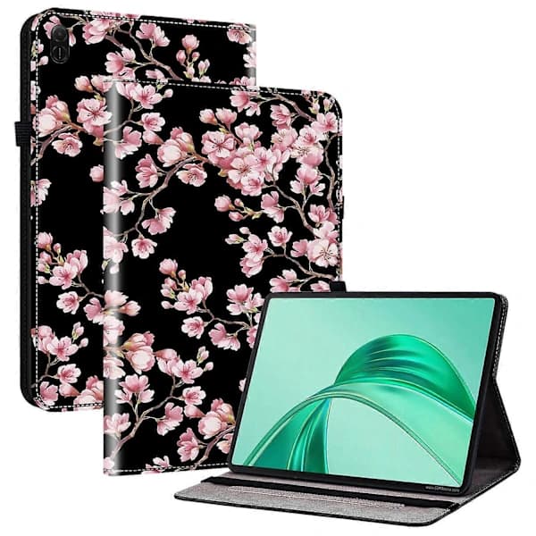 HA~Læderetui til Honor Pad X8a med mønstertryk, stativ og kortlommer - Blommeblomst