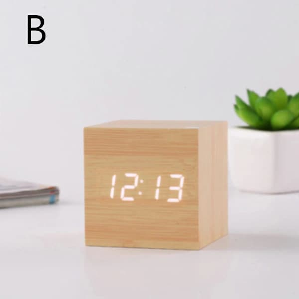 LED Digital Väckarklocka Träimitation Bordsklocka Nattlampa Termometer Snooze Alarmklocka DE FP Bambu