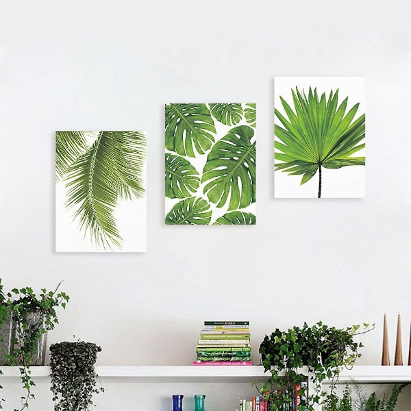 Wekity Botaniska Väggkonst Tryck Set om 3 Tropiska Löv Canvas Dekor Växtblad Boho Väggdekor Bilder Gröna Boho Posters Konst Set Sovrumsdekorati