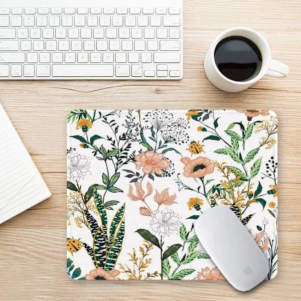 Floral Mouse Pad with Art Design, Small Custom Mousepad for Gaming, Computer, Office Women Men, Non-Slip Rubber Base, Stitched Edge, Waterproof, Rectangle ...