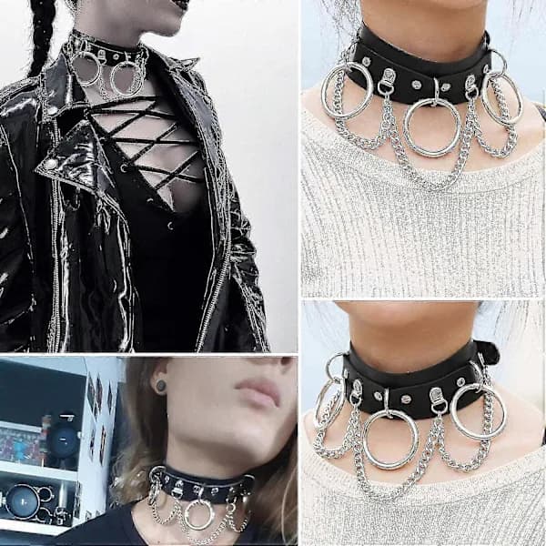 Läderhalsband, PU-läder Punk Rock Gothic Emo O-ring Spiknitar Halsband
