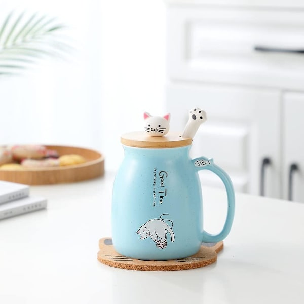 Sød kattekrus i keramik med sødt kattelåg, kattepote ske, kawaii-coaster, kop til morgenkaffe, te, mælk, julekrus, blå (WZ1281)