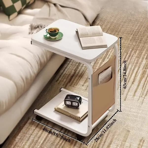 Rullbart sidebord og sofabord – C-format kaffebord i tre med oppbevaring og 360° hjul for sofa/seng