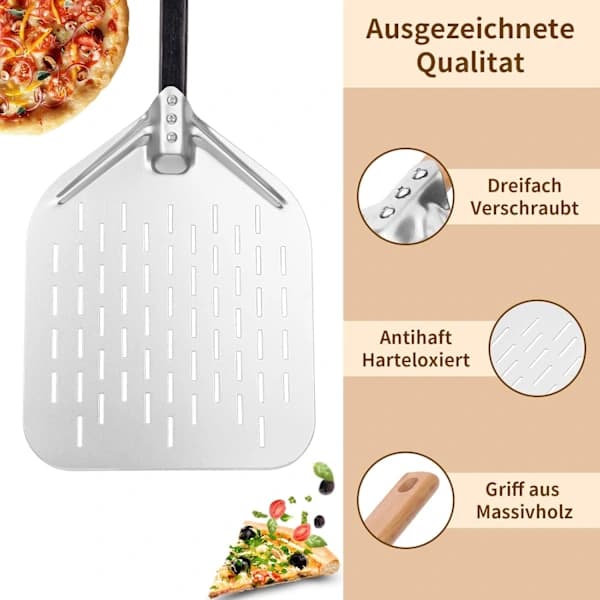 HA~Pizzaspade 40 x 30 cm - Glir lett på pizzasteinen - Perforert pizzaspade med stor overflate og avtakbart håndtak