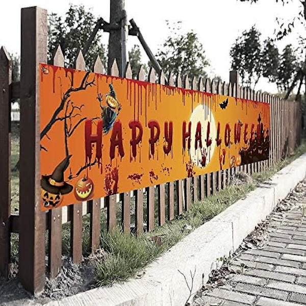 98\"x 19\" Stor Happy Halloween Banner - Lång Halloween Utomhus Dekoration Banner Pumpa Lampa Kyrkogård Bakgrund Orange Fest Dekoration Suppli