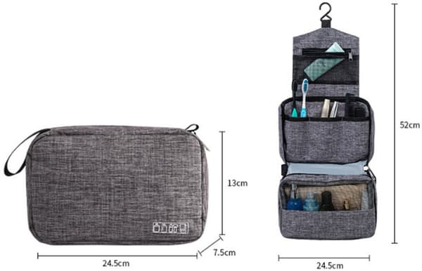 Hængende toilettaske, foldbar polyester-organizer med 360° roterende krog og flere rum til rejser og camping, grå