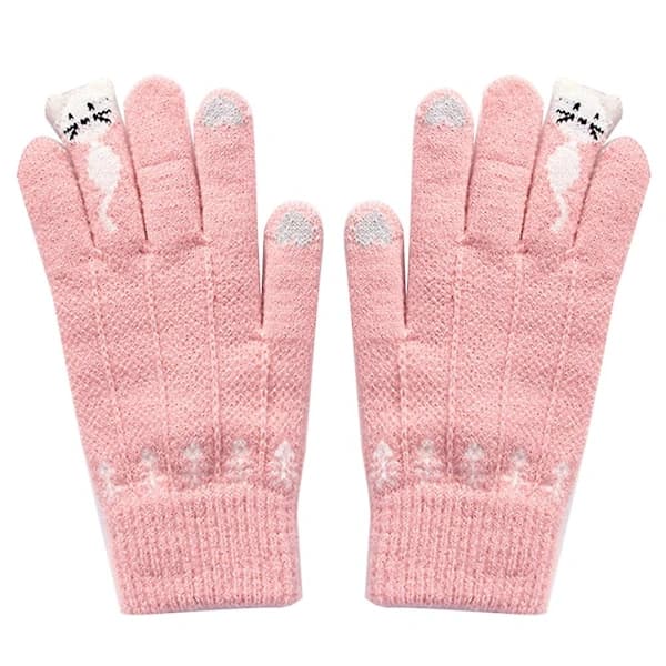 Vinter Dame Søde Tegneserie Katte Touchscreen Handsker Fuld Finger Strikkede Vanter Pink