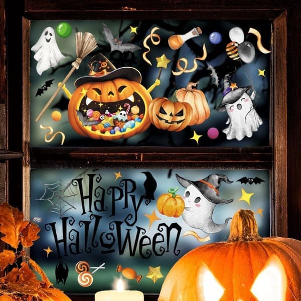 Halloween Stickers - Ghost, Spider Web, Pumpkin, Bat - 4 Window Clings - 30x20 cm - Double Sided