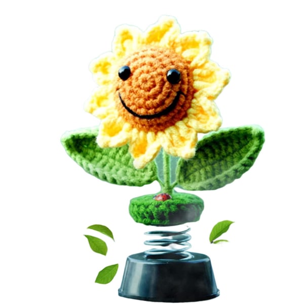 Solsikke Bil Tilbehør Instrumentbræt Dekorationer, Hæklet Smiley Rystende Solsikker Bobblehead Instrumentbræt Bilindretning Til Kvinder, (Håndlavet Strikkede)