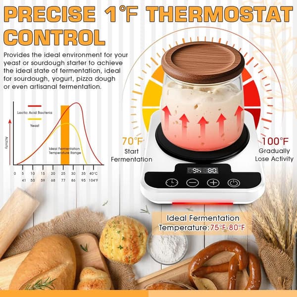 Surdejsstarter Varmemåtte, Præcis 1°F Temperaturkontrol, 12-timers Timer og Hukommelse, Til Brød, Yoghurt og Pizzadej, Hvid