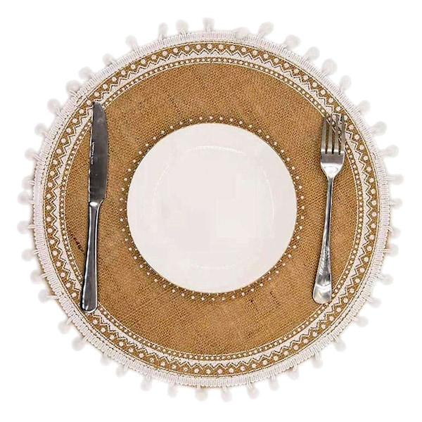 Runda bordstabletter set om 8, boho vävda jute bordsmattor med pompom tofs för matsal kök Tabl