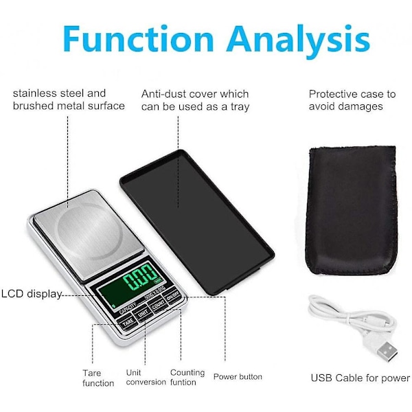 Digital lommeskala gram kjøkken mini bærbar lab smykker kaffeskala kapasitet 500g med USB-kabel (svart)