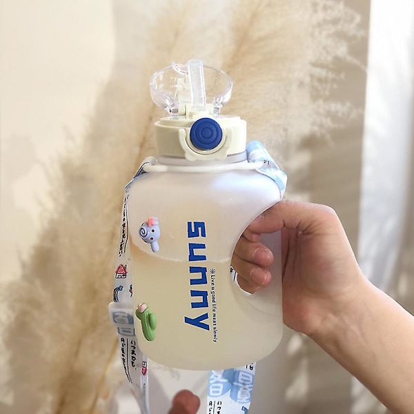 Superstor sportvattenflaska yogaflaska flaska ton ton tunna högvärdig rymdflaska frostad blå + 3D-koppklistermärke + koppbälte 1000ml(WZ1