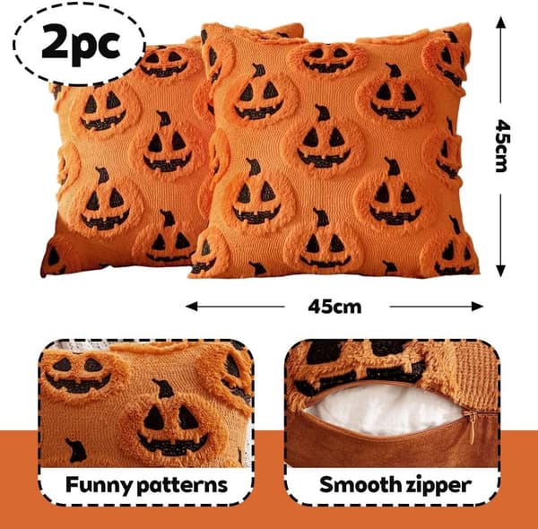 Halloween pudebetræk, blødt polyester 3D græskar- og spøgelsesmønster, sæt med 2 til sofa soveværelse festindretning, orange, 45 x 45 cm