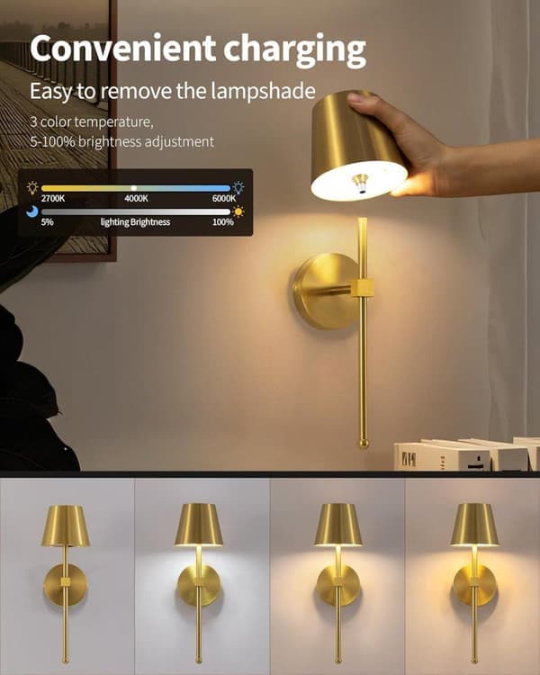 Wireless Wall Sconces 2-Pack, LED Lamps with Rechargeable Battery, Stepless Dimmable with Remote Control