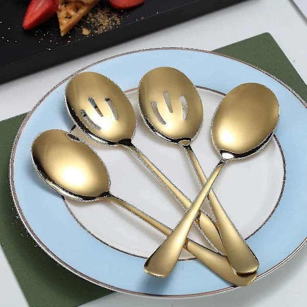 Guldfarvede serveringsskeer 4 stk., inklusive 2 serveringsskeer og 2 hulskeer
