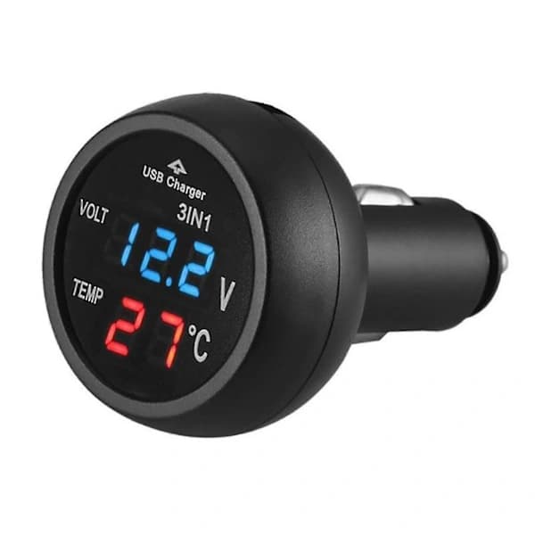 3-i-1 12/24V Bil Auto LED Digital Voltmeter Måler Termometer USB Oplader []