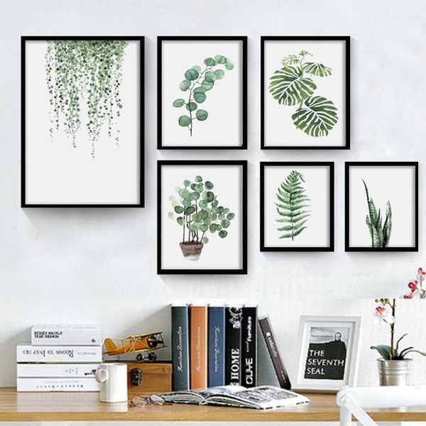 Wekity Grön Blad Väggkonst Canvas Tryck Affisch, Enkel Vitalitet Vattenfärg Konst Ritning Dekor för Hem Vardagsrum Sovrum Kontor (Set om 6 Oinramade,