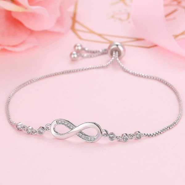 Dobbelt Hjerte 925 Sterling Sølv Hvidguldbelagt Armbånd Kubisk Zirkonia Brolagt Justerbar Infinity Armbånd, Jubilæum Fødselsdag Smykke Gave Til