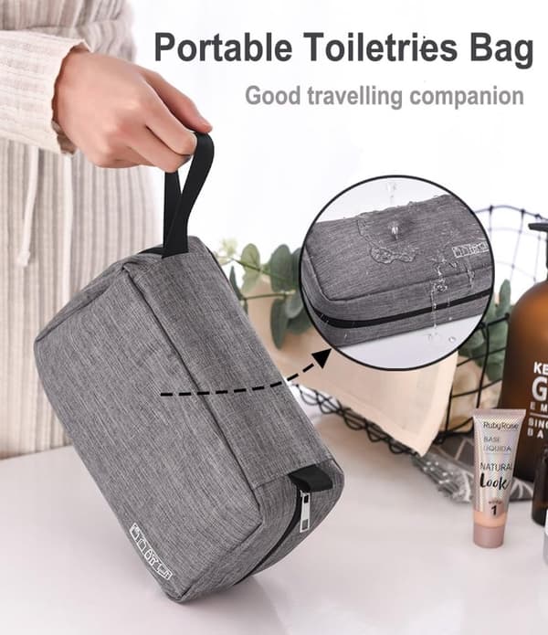 Hængende toilettaske, foldbar polyester-organizer med 360° roterende krog og flere rum til rejser og camping, grå